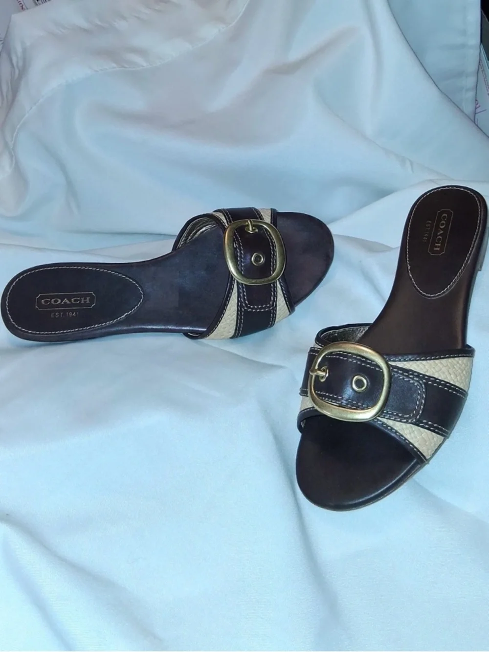 COACH Brown & Beige Leather Buckle Woven Flat Slide Sandals Size: 8.5